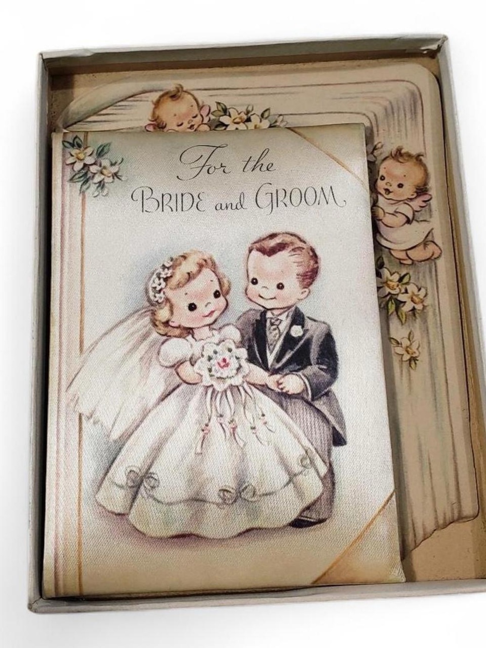 Vintage 1950s Bride and Groom Wedding Card Set - Pastel Ivory & Soft Pink